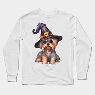 Watercolor Yorkshire Terrier Dog in Witch Hat Long Sleeve T-Shirt